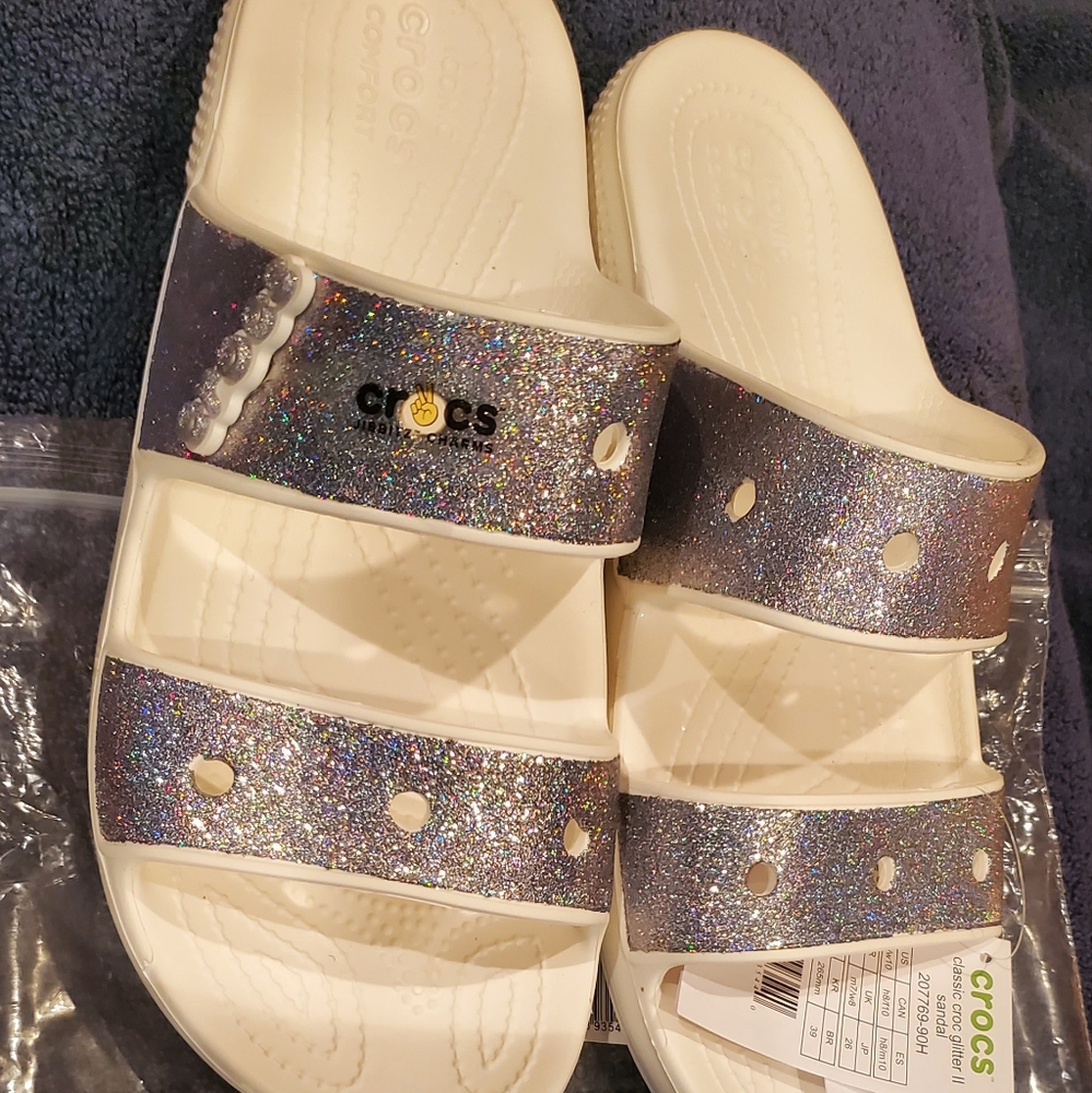 CROCS Sparkle Slide Sandals - Silver and White